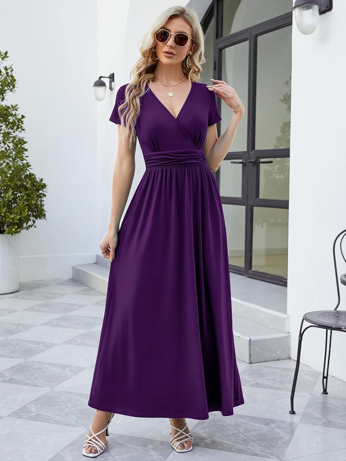 ANRILITA Maxi Dress for Women 2026 Wrap V Neck Short Sleeve Empire Waist Summer Casual Elegant Flowy Long Dresses with Pocket - Image 2