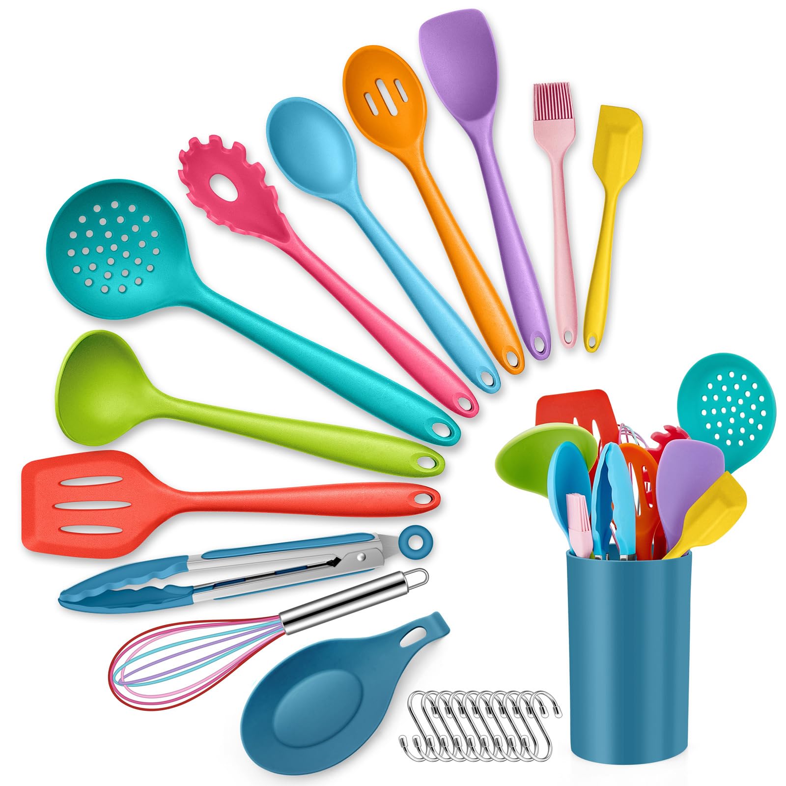 HaWare Kitchen Utensils Set, 13 Piece Silicone Cooking Utensils Set with Holder, Heat Resistant Kitchen Tools Include Turner Spatula Spoon, Non-Stick Cookware Friendly & Dishwasher Safe- Multicolor
