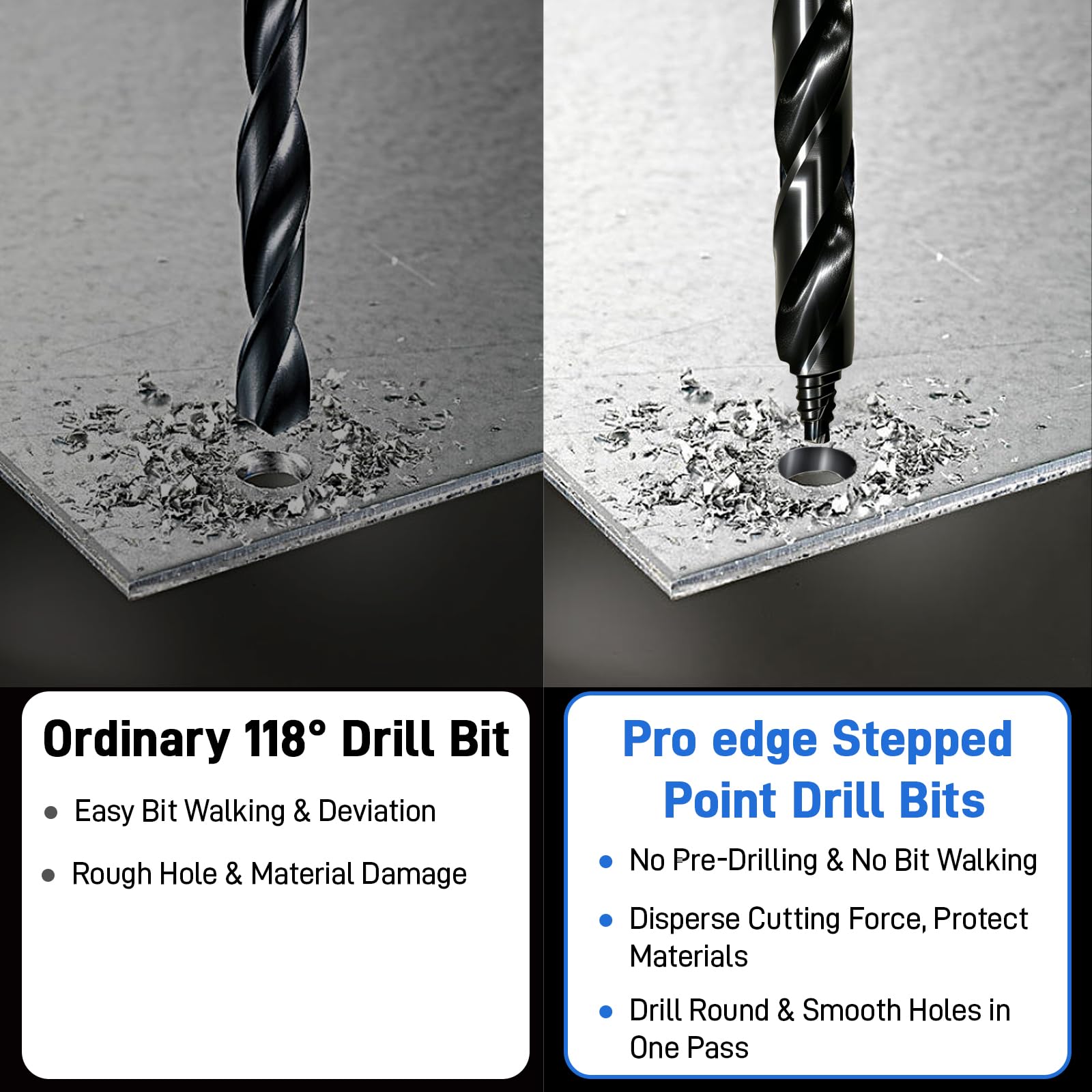 Pro Edge - Set di 14 punte per trapano a gradino in acciaio HSS con rivestimento in titanio per metallo, legno, plastica, dimensioni da 1/16" a 1/2", 3 punte piatte in acciaio ad alta velocità, con