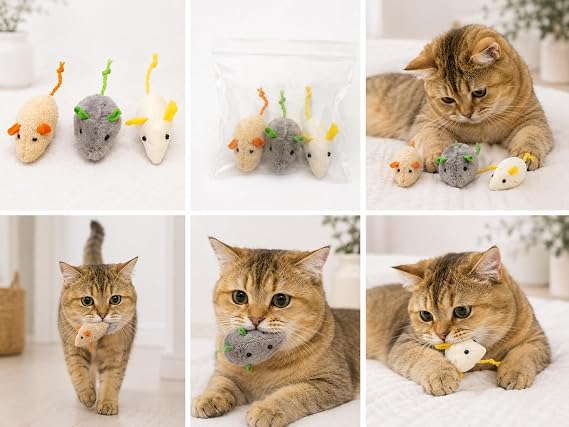 3’lü Catnipli Bez Fare Kedi Oyuncağı – Kedi Nanesi Dolgulu Kaliteli Peluş Fare Seti, Yumuşak Kovalama ve Avlanma Oyuncağı, Yavru ve Yetişkin Kediler İçin
