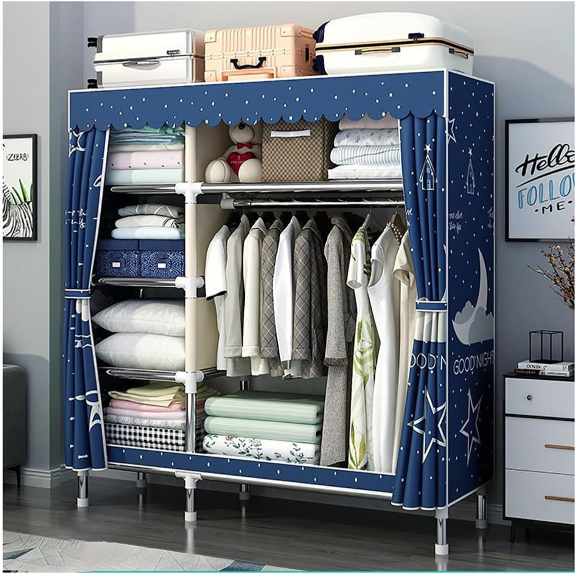 Portable Wardrobe Closet with Fabric Cover for Bedroom Metal Clothes Rack with Hanging Rod and 5 Shelves for Organizers and Storage (Color : A, Size : 130x46x176cm)