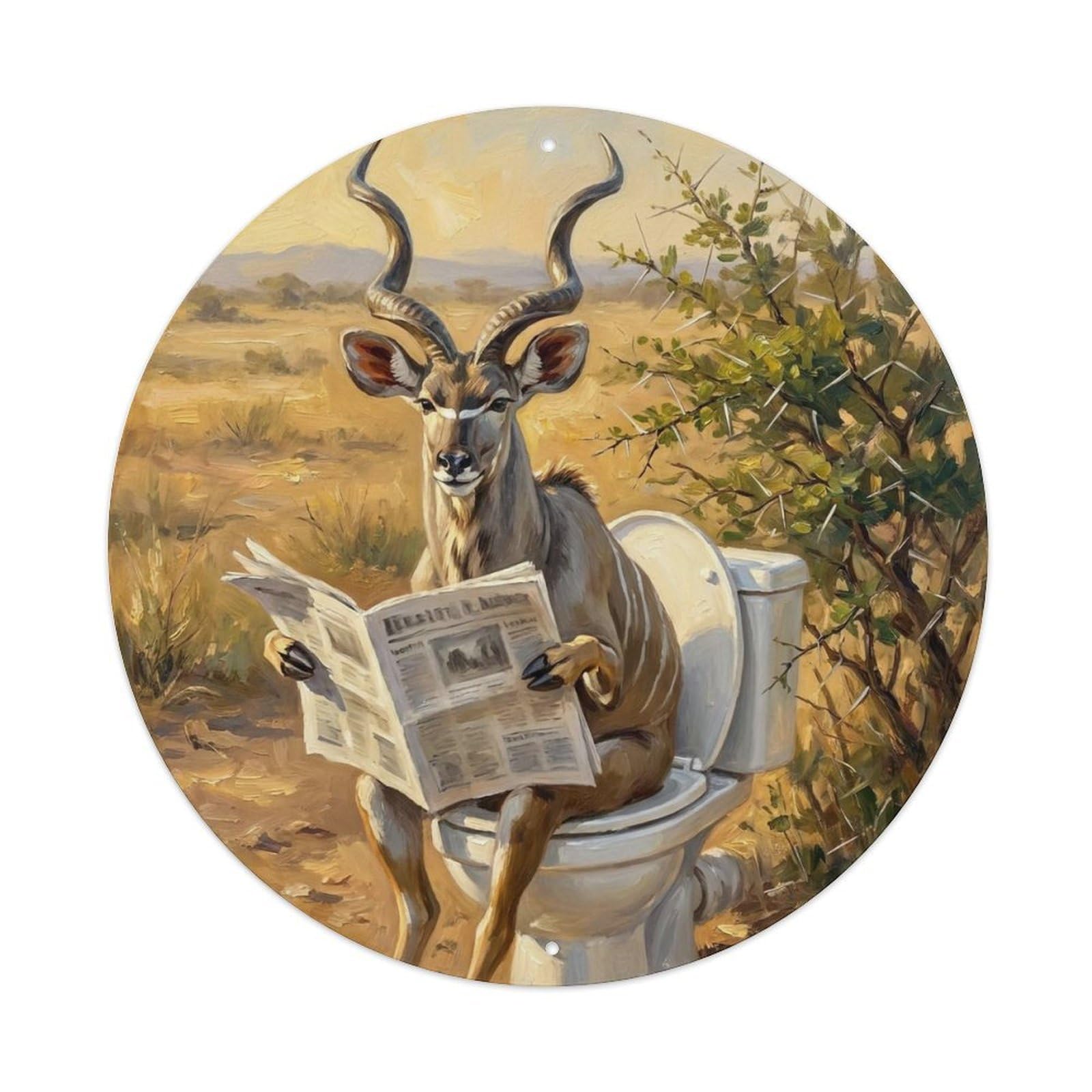 Kudu On Toilet Humorous Bathroom Thorn Bush Reads Metal Tin Sign