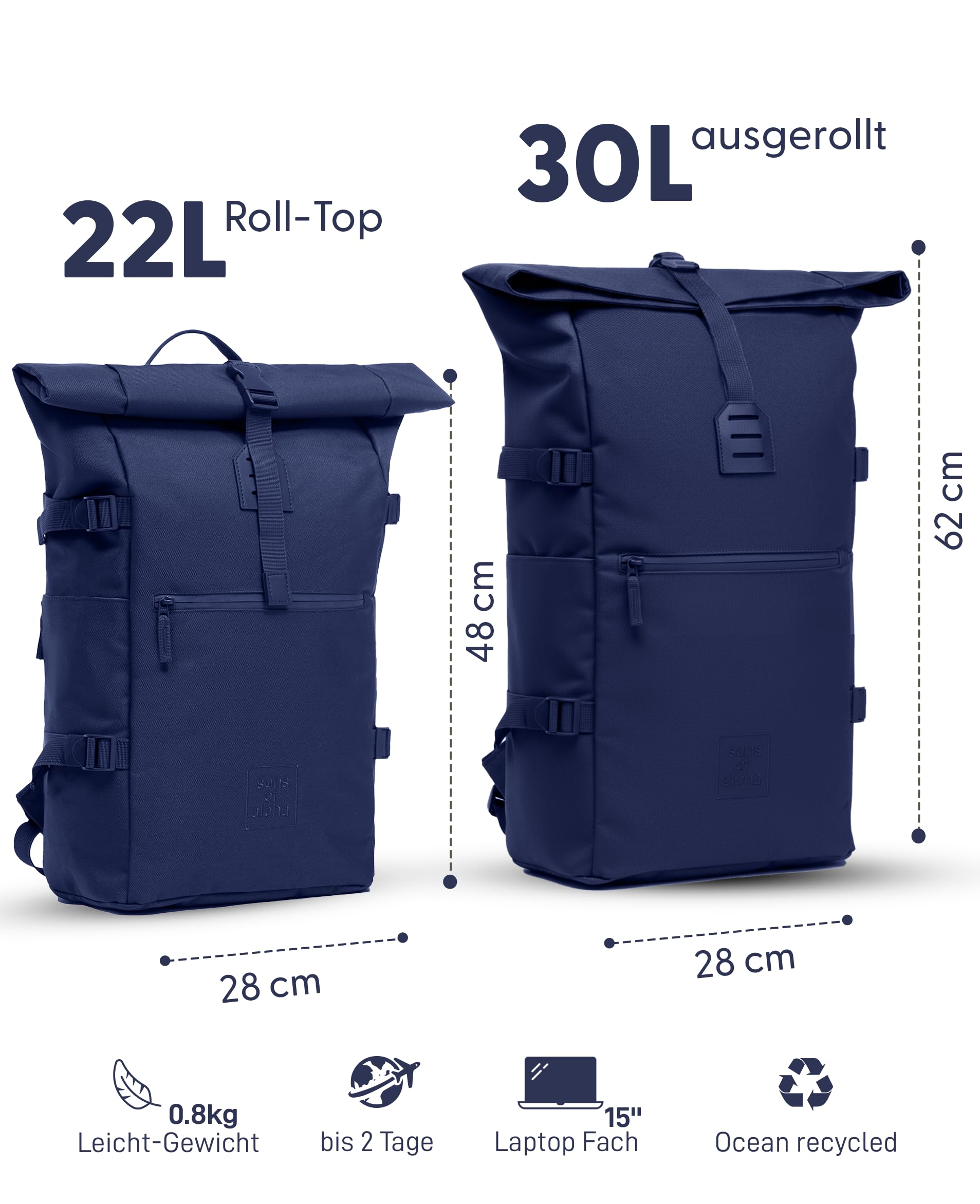 Plecak Kane Roll-Top Duża torba kurierska XL - Recycled PET, Wodoodporny - Plecak turystyczny Przegroda na laptopa 15 cali, Granatowy, L, Plecak