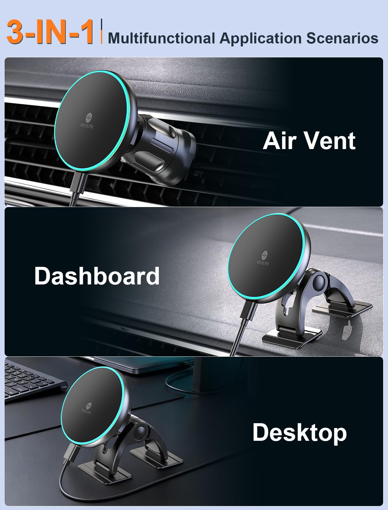 MOKPR for Magsafe Car Mount Charger, 15W for Magsafe Car Charger Charger Magnetic Car Phone Holder for Dashboard & Vent for iPhone 17 16 15 14 13 12 Series&MagSafe Case (Dark Black) - 3