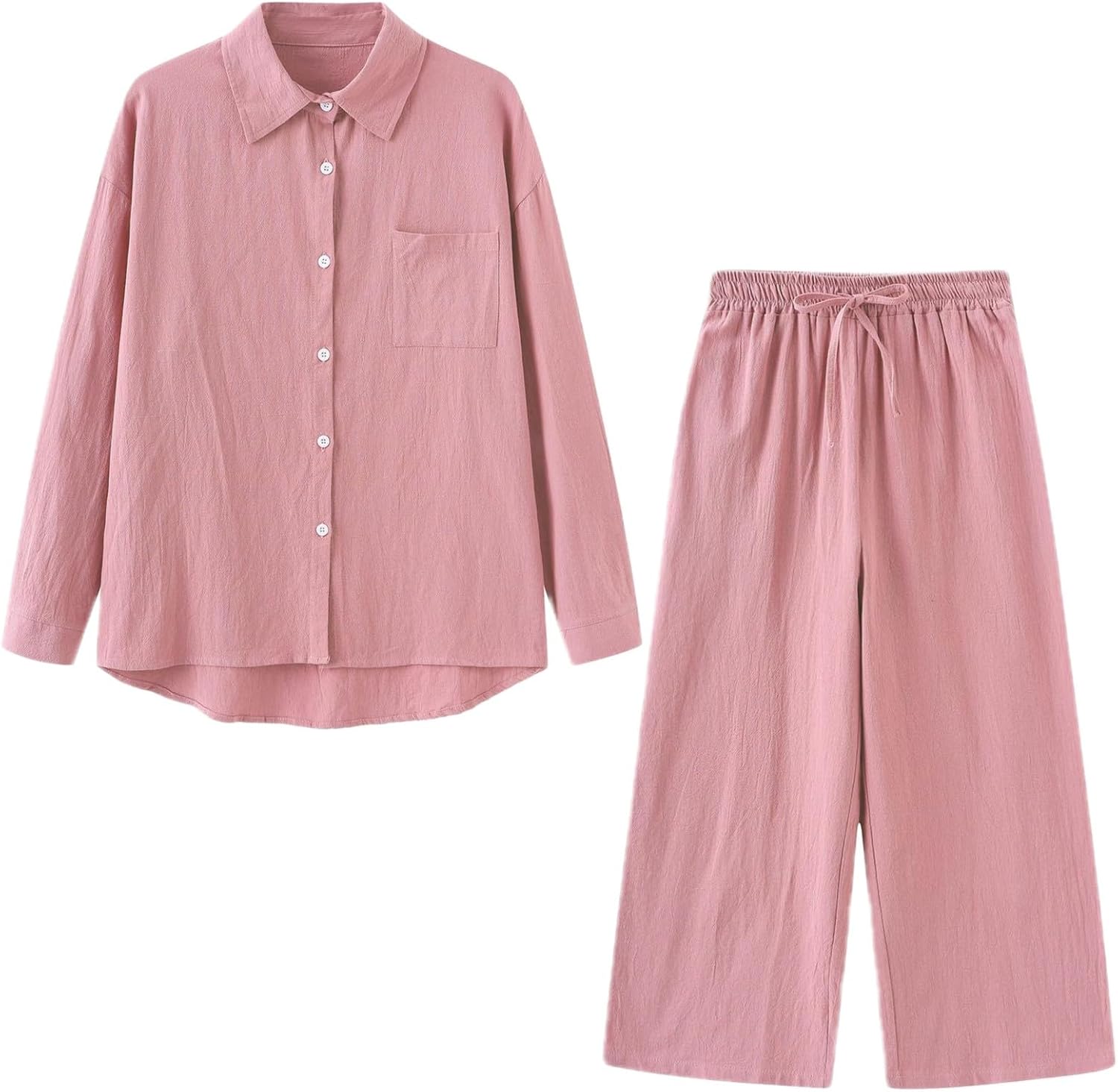 Women's 2 Pieces Cotton Linen Loungewear Button Down Shirt and Wide-Leg Pants Set