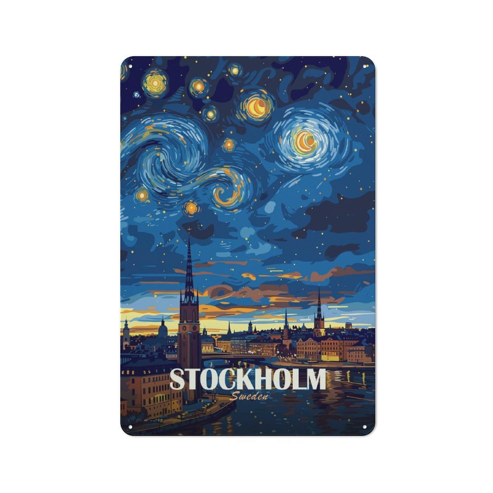 Junmoney Style-17 Metal Plaque With Stockholm Sweden Night Sky Art Design 30X20cm, Rustic Cafe Wall Decor For Restaurant, Kitchen, Counter Or Breakfast Nook