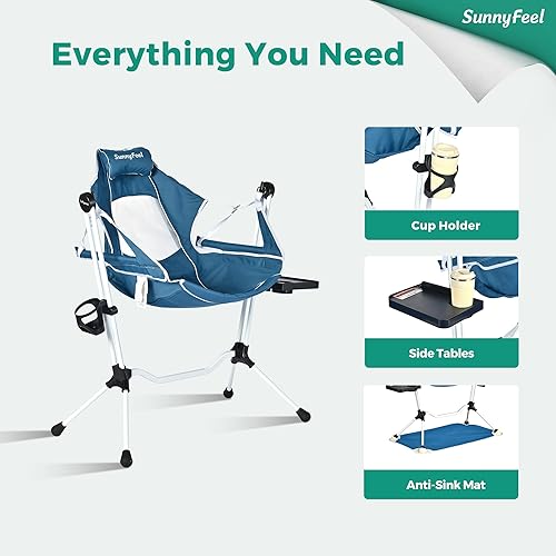 Miniatura 6 de SUNNYFEEL Silla de camping tipo hamaca, silla de campamento oscilante de gran tamaño, sillas hamaca portátil con soporte para tazas, alfombrilla de