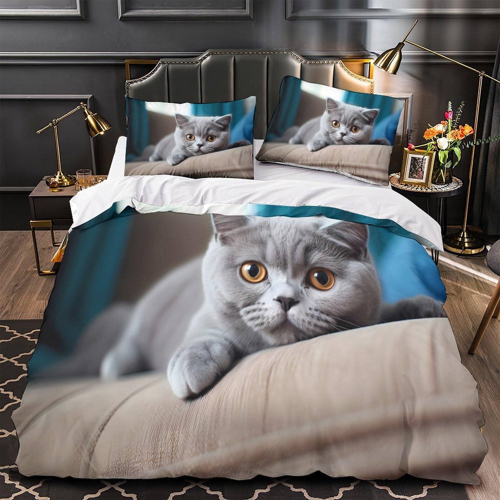 Parure de lit chat gris en microfibre douce avec housse de couette 140x200cm pour ado