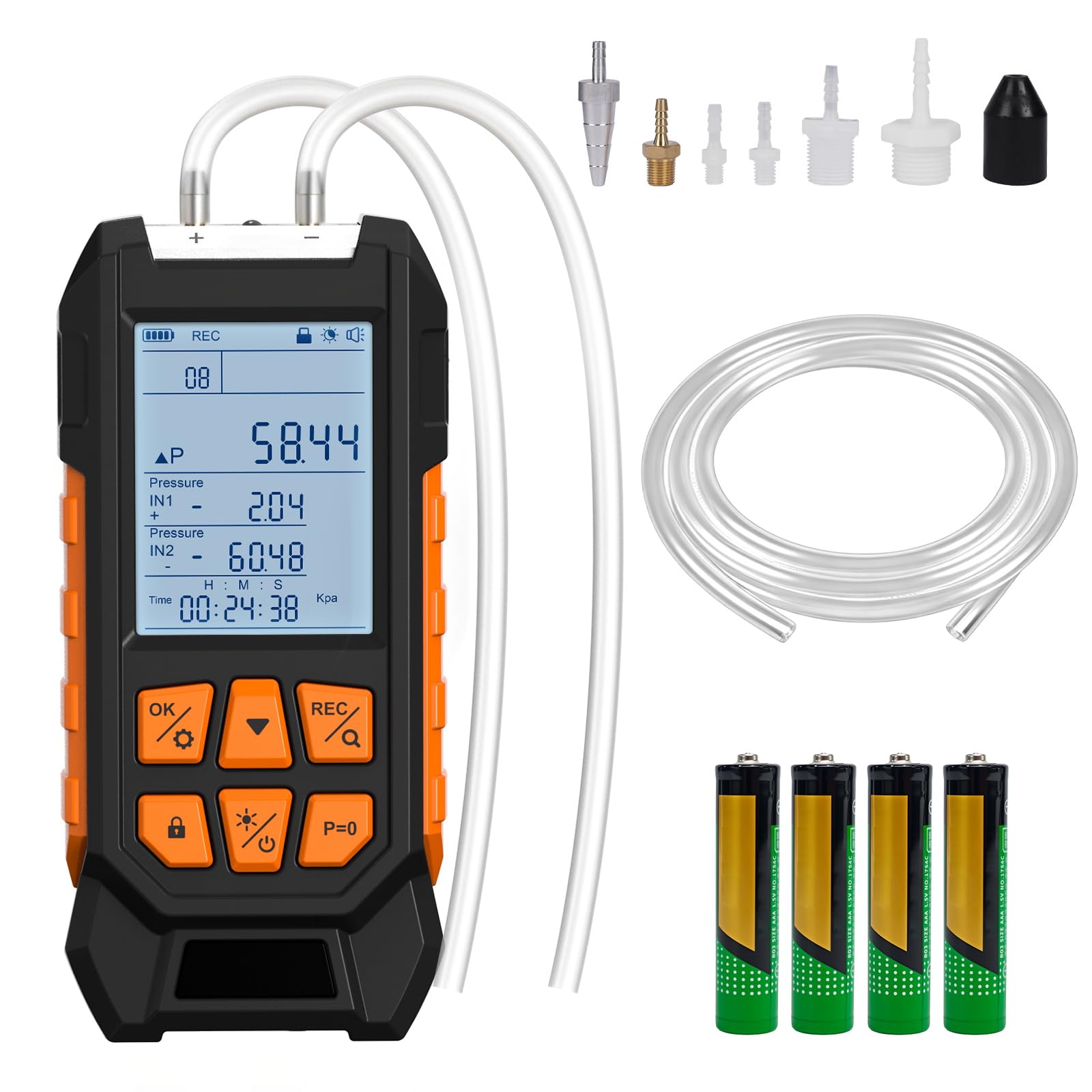 Manometro digitale, misuratore di pressione differenziale con due porte di misurazione, -100-200 kPa (-1000 a 2000 mbar), ±0,3% FS, 10 unità, 7 adattatori, memoria di misurazione, manometro di