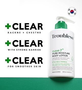 Troubless CLEAR 7 Plus Pure Moisture Body Lotion - Hydrating Body Moisturizer for Troubled Sensitive Skin w/ 7 Skincare Ingredients Gentle, Calming & Non Greasy Body Cream for Women & Men (16.9 fl oz)