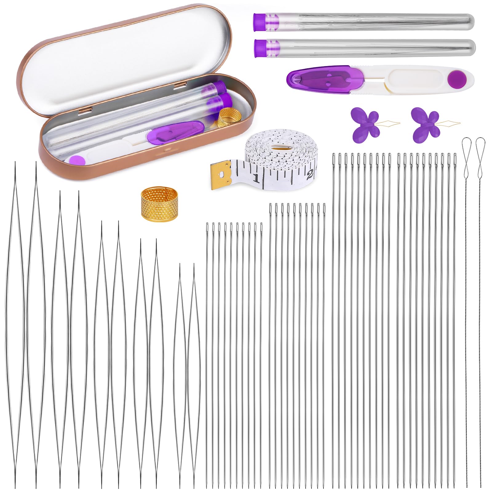 GarfxG Juego de 60 agujas de cuentas con agujas plegables de ojo grande, agujas de alambre trenzado, agujas de cuentas rectas y enhebradores, dedal, tijeras, herramientas de medición en caja de