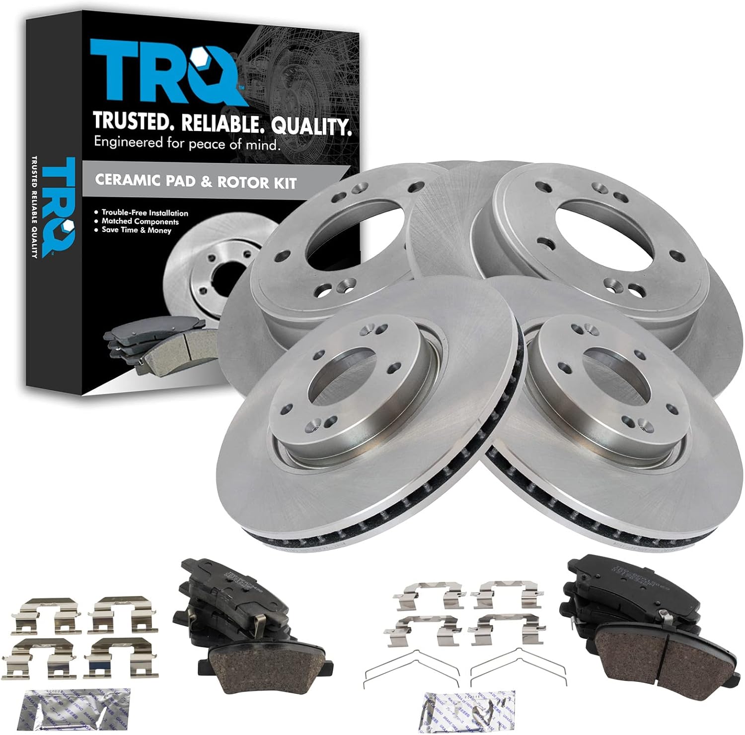 TRQ Front and Rear Brake Pad & Rotor Kit Brake Pads Brake Rotor Ceramic Compatible with 2017-2018 Kia Forte5
