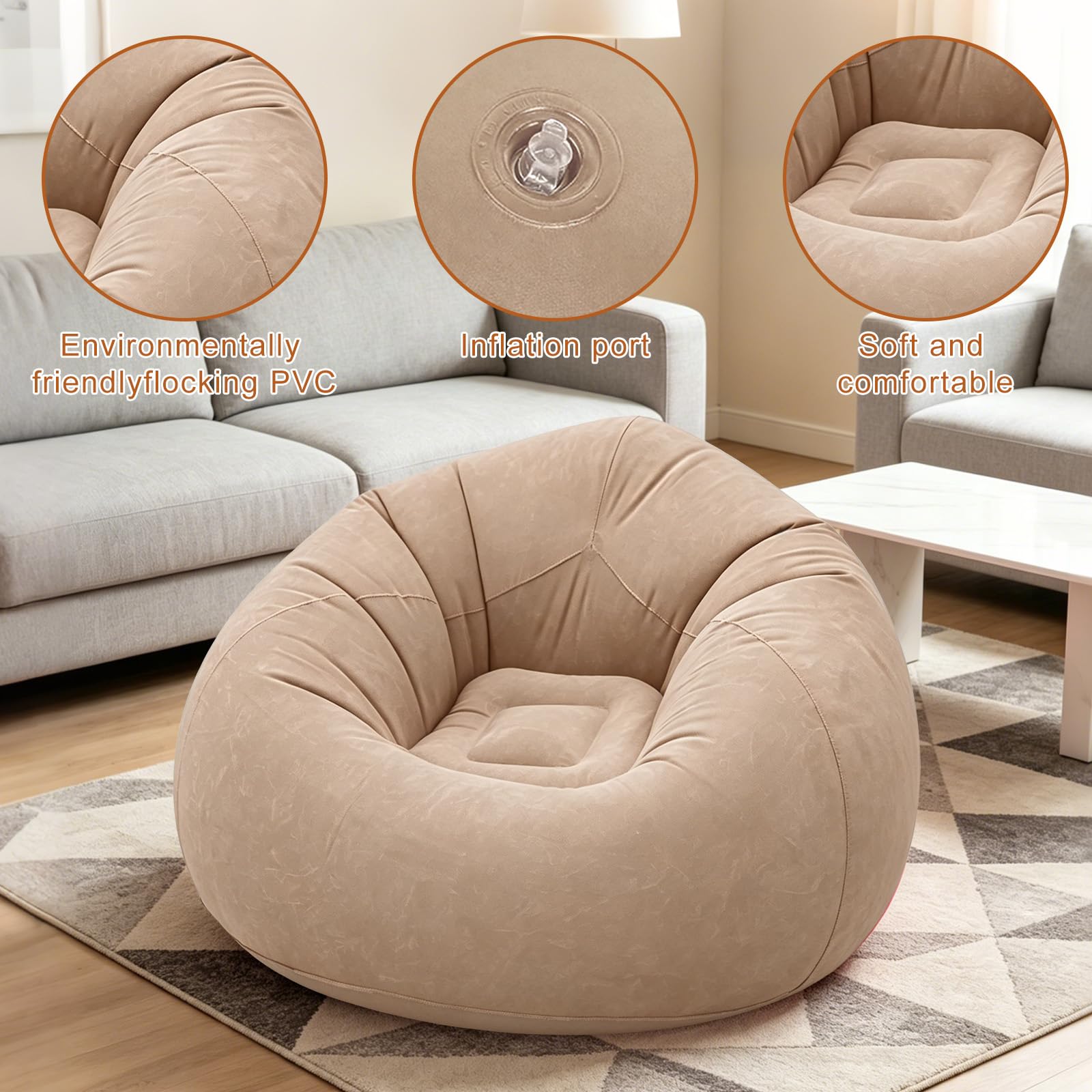 FARYODI Divano gonfiabile, poltrona gonfiabile, 105 x 105 x 60 cm, ultra morbida, senza riempimento di fagioli, gonfiabile e portatile, per soggiorno, giardino, campeggio (caffè)