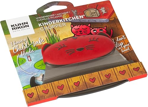Miniatura 9 de Kuhn Rikon Kinderkitchen - Cuchillo Mezzaluna para niños con protector de cuchilla, gato, 5.2 x 3.3 x 0.7 pulgadas, rojo, herramientas de corte