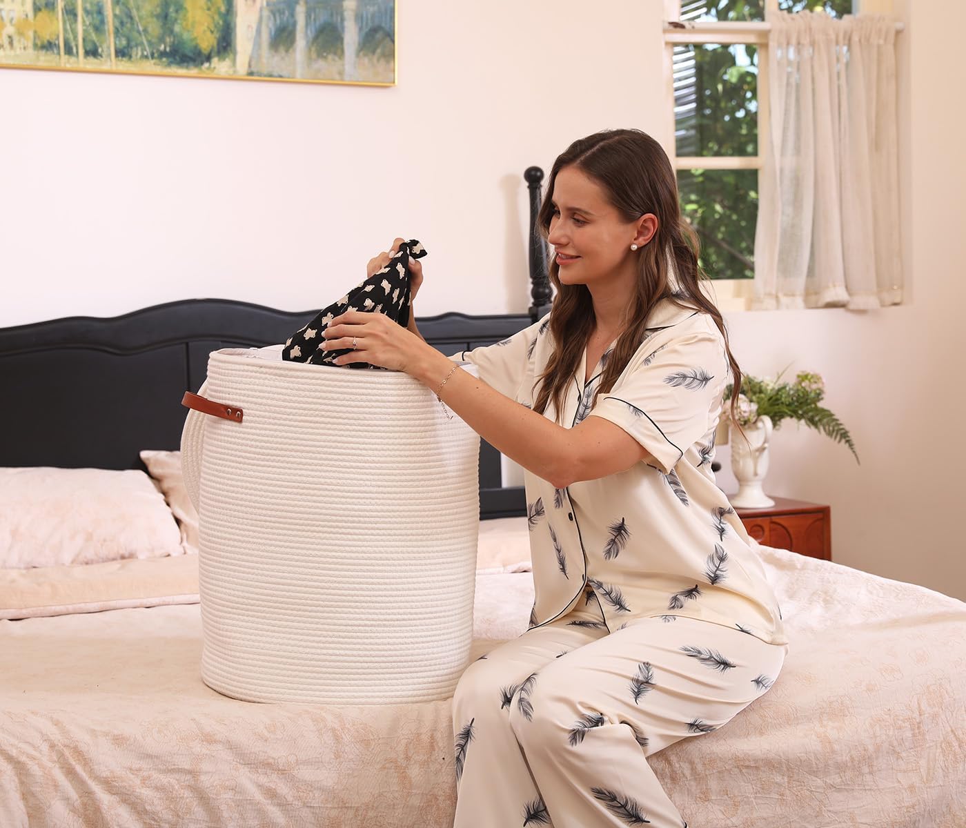 Extra Large Cotton Rope Storage Basket with Lid and Zipper, Versatile Laundry Hamper and Cloth Bin for Clothes, Towels, Blankets, Living Room Organization (All White, 16"x20")