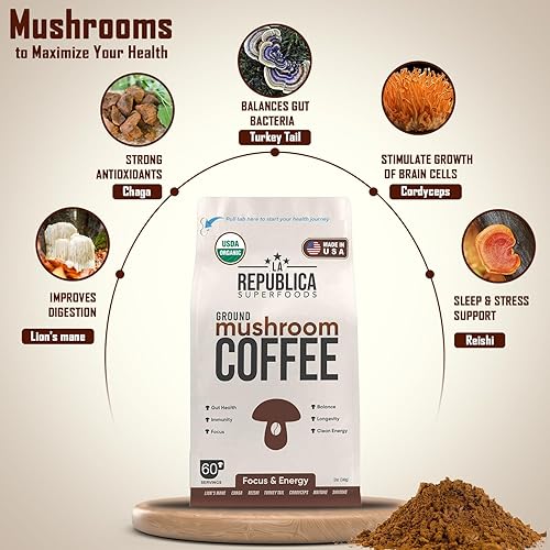 Miniatura 4 de La Republica - Paquete de 2 café orgánico de hongos molido (120 porciones) hecho con granos de café arábica cultivados en sombra, melena de león,