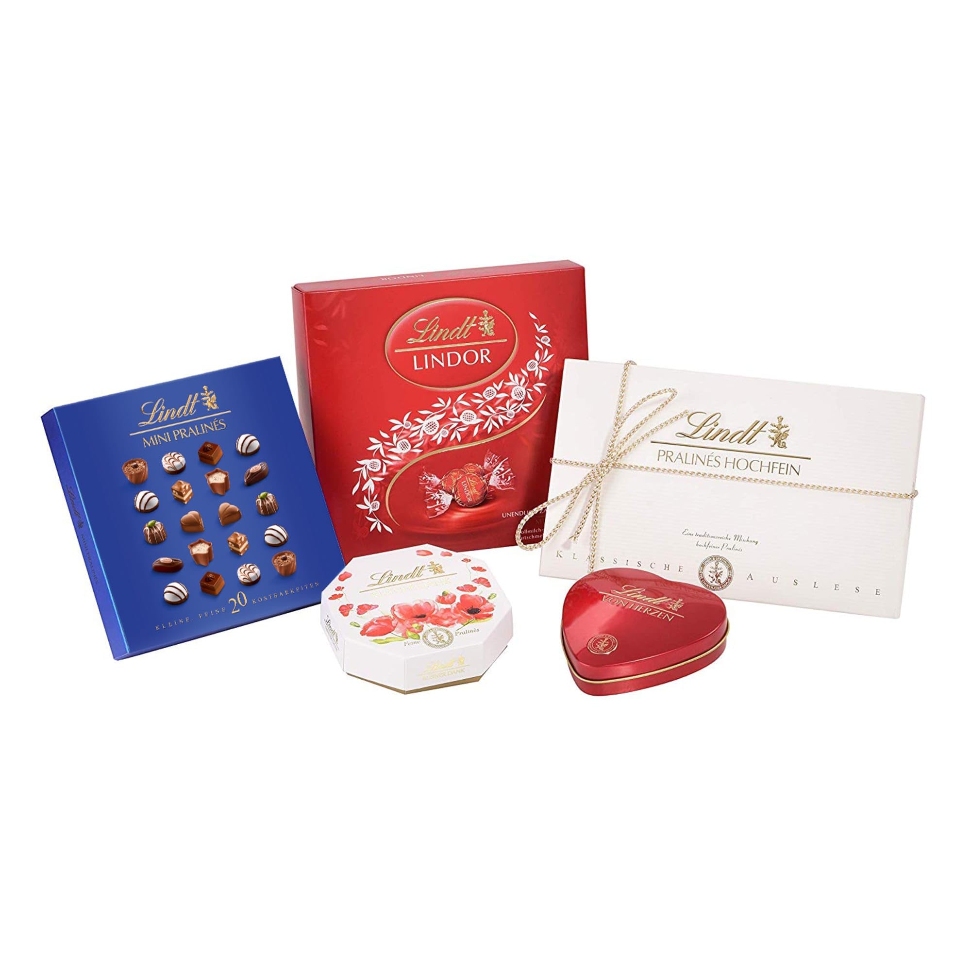 Lindt Schokolade Pralinen Geschenke Set | 477g | 5 Schachteln Lindt Pralinés in den Varianten Hochfein, Mini Pralinés, LINDOR Präsent, Kleiner Dank, Von Herzen | Pralinengeschenk | Schokoladengeschenk