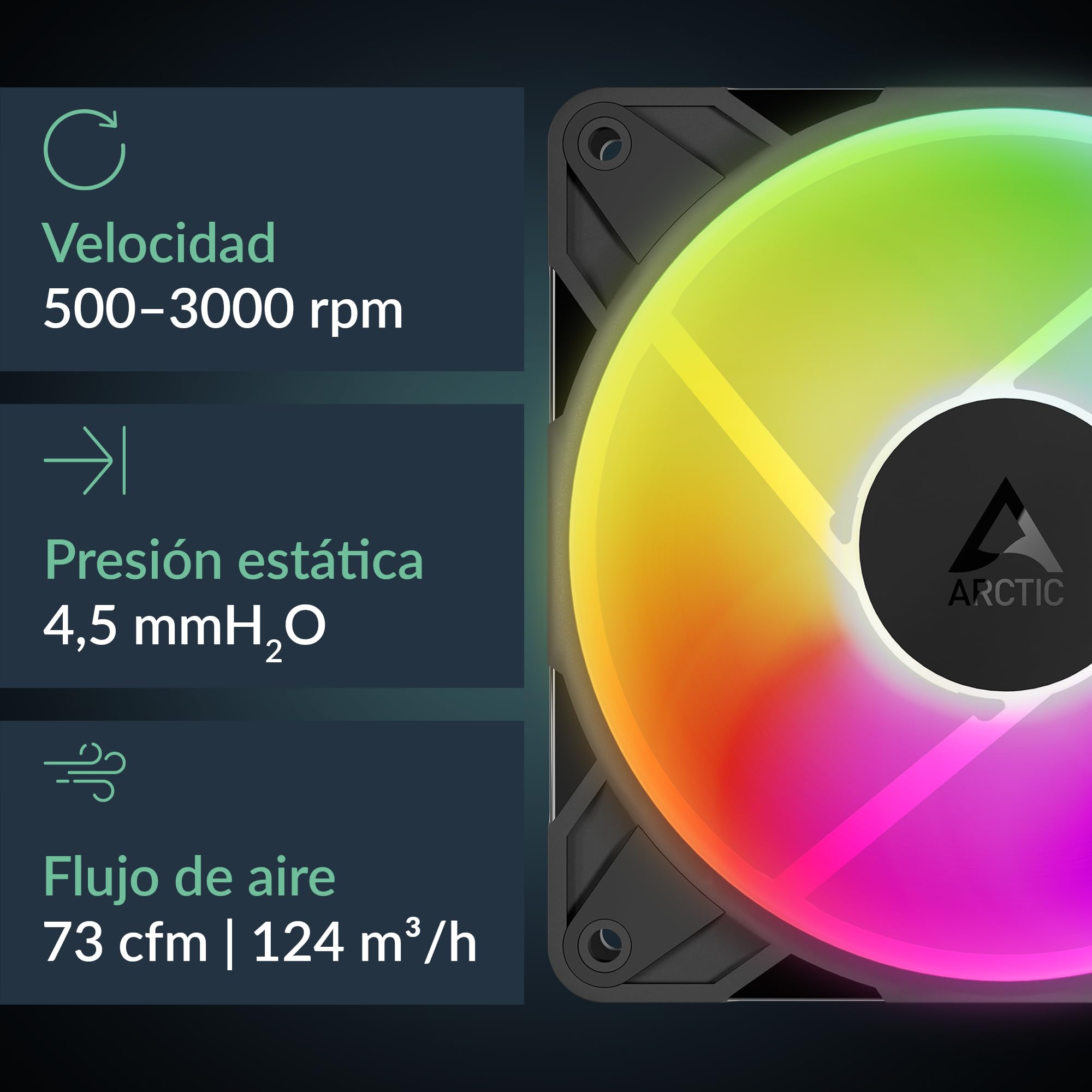 ARCTIC P12 Pro Reverse A-RGB (3 Pack) - 120 mm Ventilador Prémium con flujo de aire inverso, Ventilador PWM con divisor de cable en Y, 500-3000 rpm, 0 rpm <5% PWM, 5V Digital RGB, FDB, 4-Pin - Negro