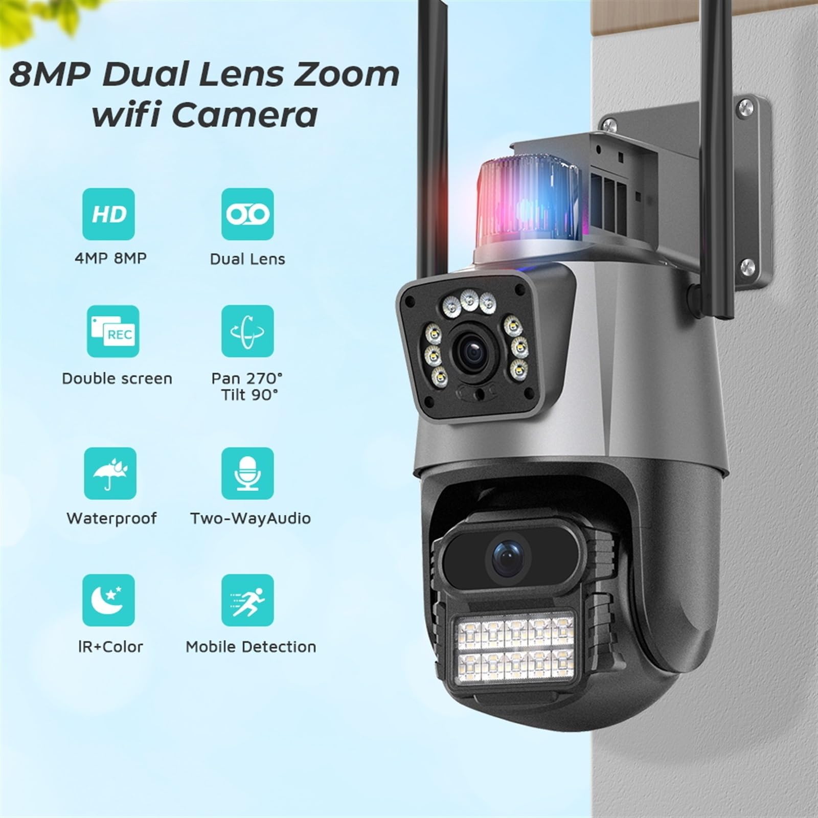 Telecamera WiFi Esterno, Telecamera da 6 MP Dual Lens Dual Screen PTZ Telecamera IP for videosorveglianza di Sicurezza Impermeabile for Esterni,Sicurezza, Antifurto(32G SD Card)