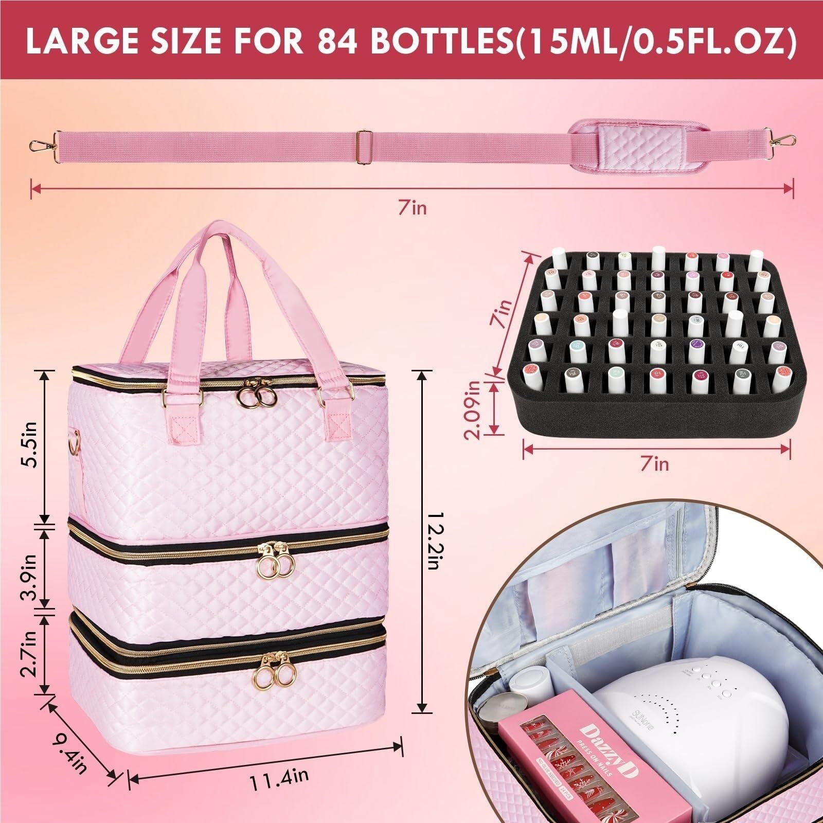 Lakiery Paznokci 3-warstwowy Organizer Do Zestawu Paznokci I Etui Przechowywania, Mieszczące 84 Butelki Organizer Zaopatrzenie(Pink)