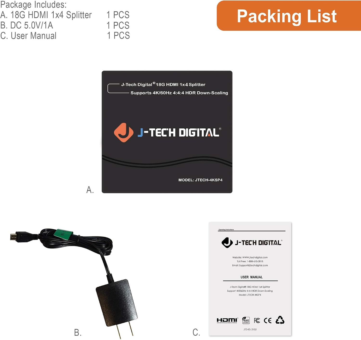 HDMI Splitter 4K 60Hz 1X4 Multi-Resolution Output (MRO) by J-Tech Digital HDMI 2.0 Splitter Supports downscale HDR HDR10 / Dolby Vision 4K@60Hz 4:4:4 HDCP2.3 2.2 (JTECH-4KSP4)
