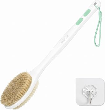 Back Scrubber for Shower with Long Handle,Green | Double Sided Bristles Stiff & Soft, Anti-Slip Grip, Lightweight - Gift for Seniors, Includes Lanyard & Hook
