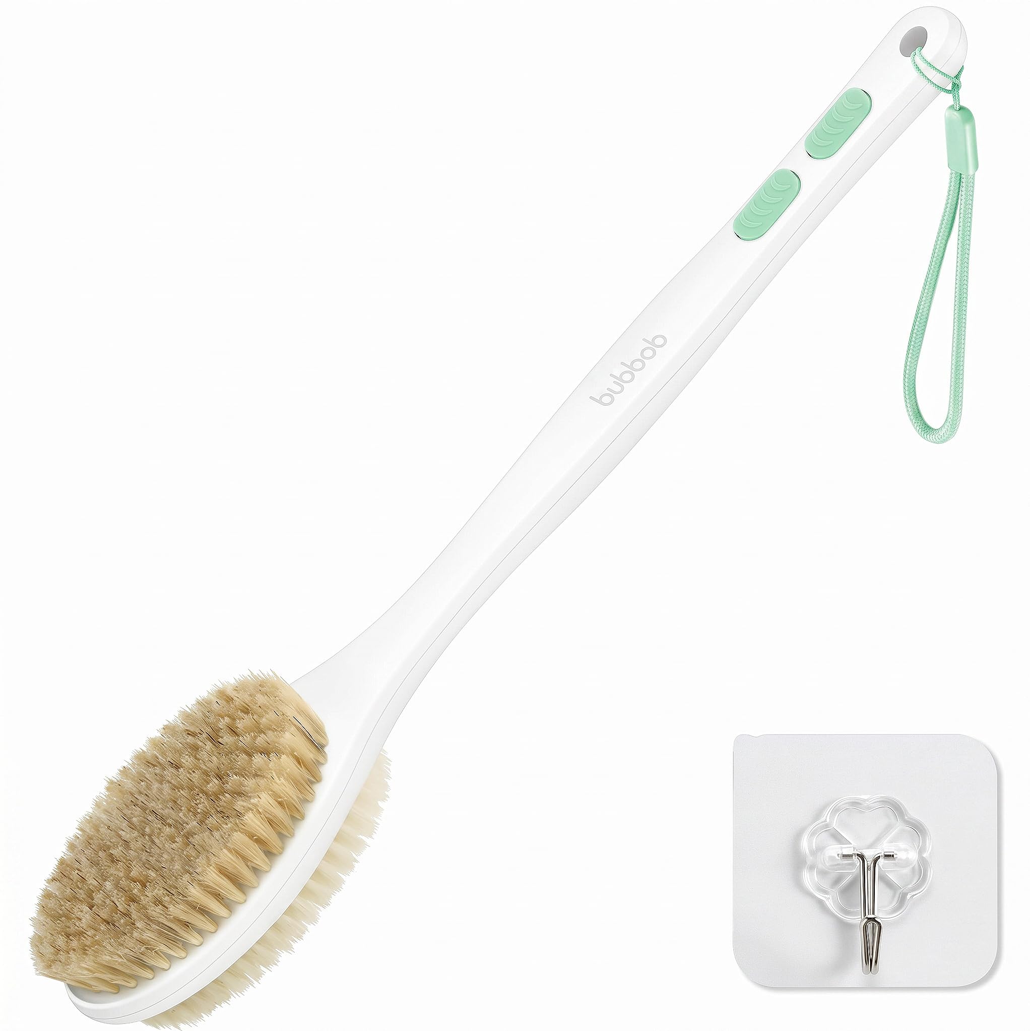 Back Scrubber for Shower with Long Handle, Blue | Double Sided Bristles (Stiff & Soft), Anti-Slip Grip, Lightweight - Gift for Seniors, Includes Lanyard & Hook