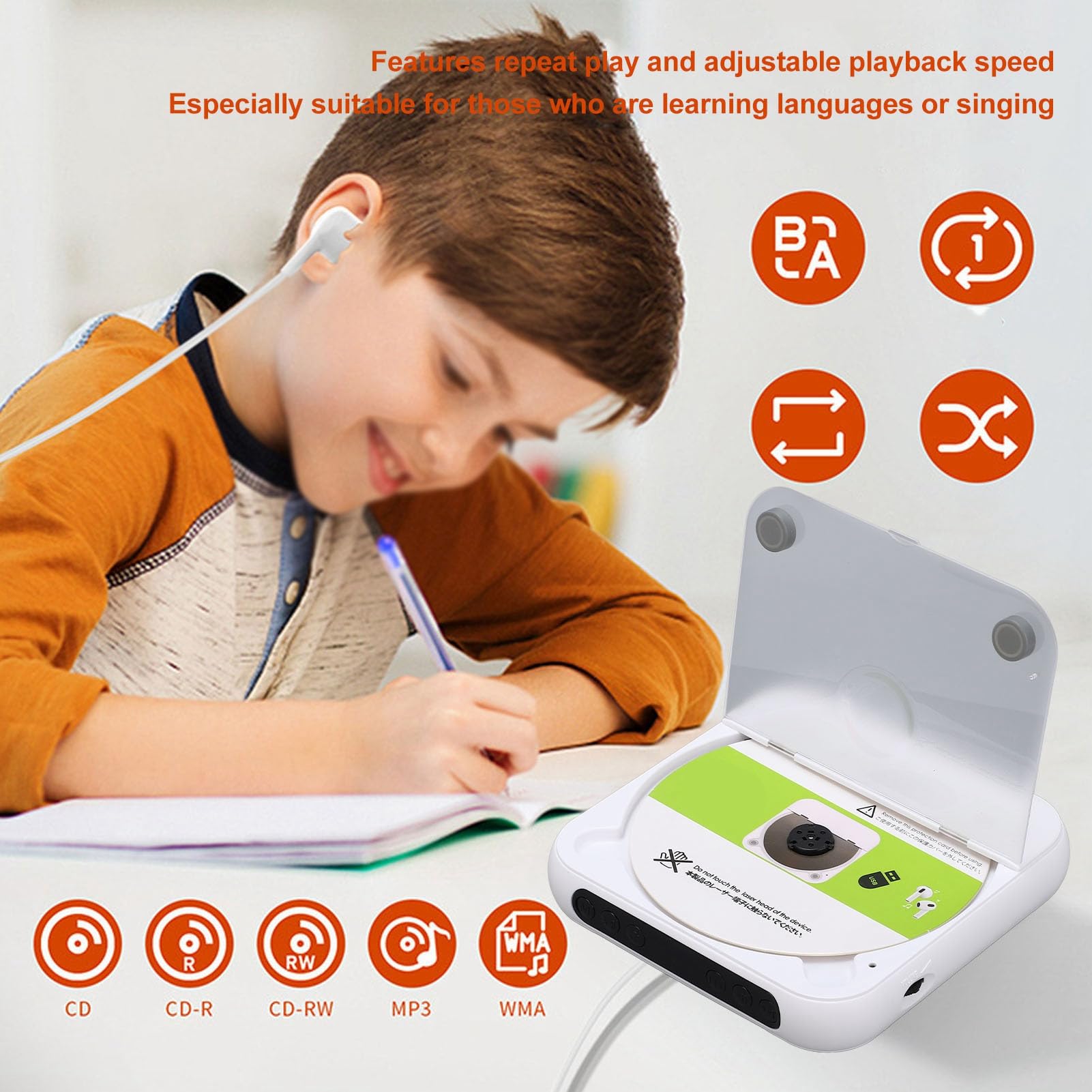 Cuifati Lettore CD Portatile con Bluetooth 5.3, Lettore CD Ricaricabile da Tavolo per Viaggi in Ufficio, Batteria da 2000 MAh, Schermo LED, Supporta Musicale USB AUX con Auricolare