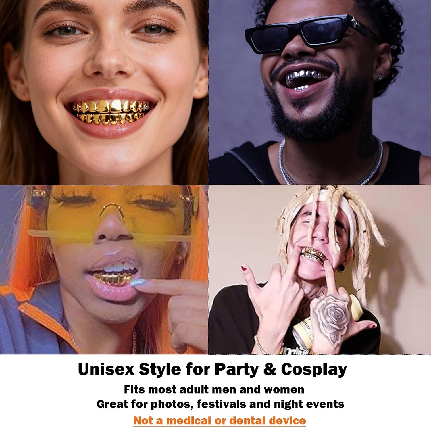 JINAO Grillz Teeth Men - Grills for Your Teeth 8 Top & Bottom Set, 18K Gold-Plated Brass Dental Grills with Molding Bars, Unisex Hip-Hop Rapper Costume Accessory