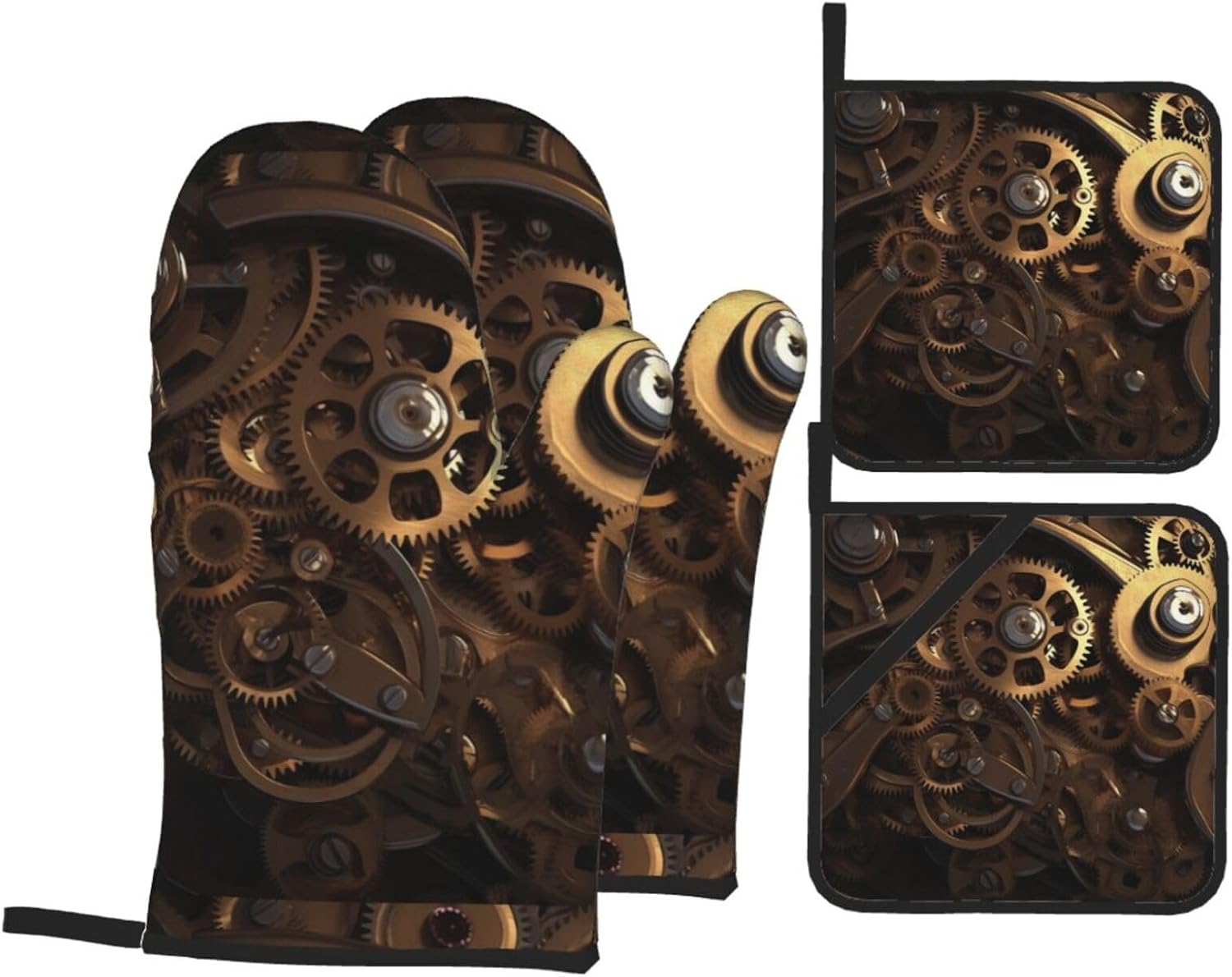 (Cool Steampunk Gears) Baking 4-Piece Set: 2 Oven Mitts and 2 Pot Holders Heat Resistant Waterproof Hanging Loop for Kitchen Oven Grill Housewarming Gifts