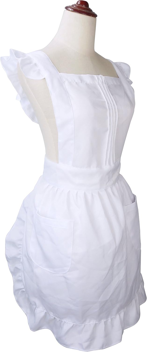 LilMents Retro Adjustable Ruffle Apron with Pockets, Small to Plus Size Ladies (White): Home & Kitchen