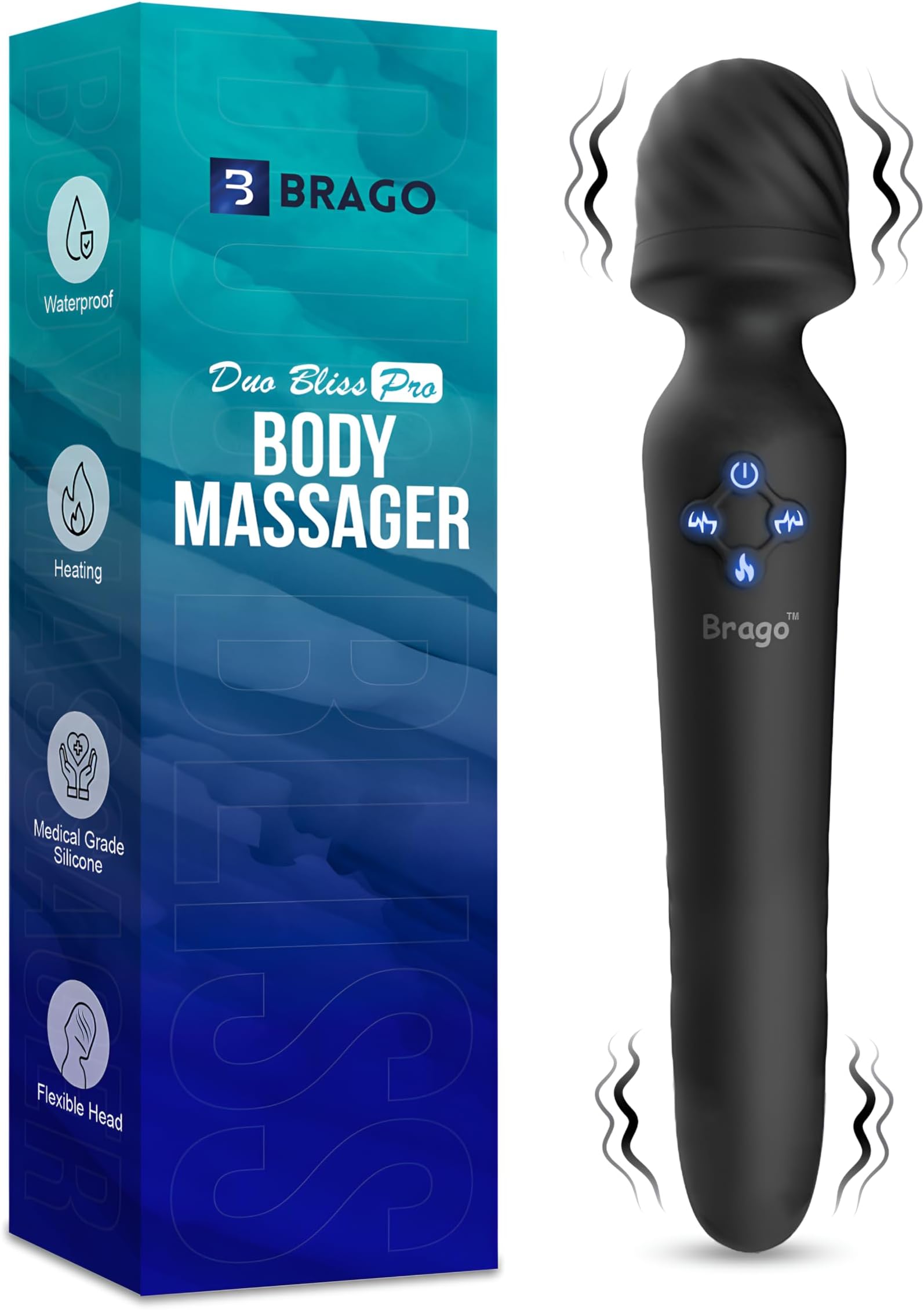 Brago Duo Bliss Pro Body Massager | Dual Head Massager | Massager Machine for Pain Relief | Ultra Flexible, Heating, Waterproof, Rechargeable - Black
