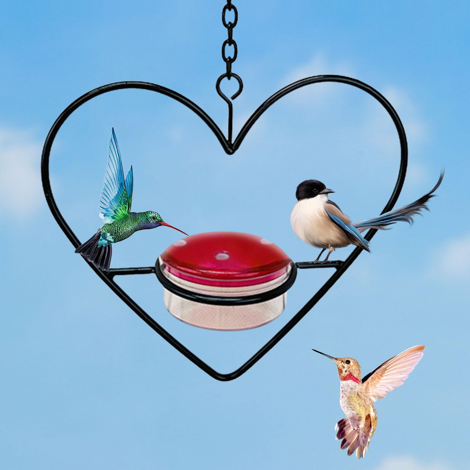 Hummingbird Feeder, Metal Heart Shape Hummingbird Feeder, Stackable Hummingbird Feeders for Outdoors Hanging with Red Bowl, Easy to Clean and Refill for Garden Backyard Outdoor Decor #2