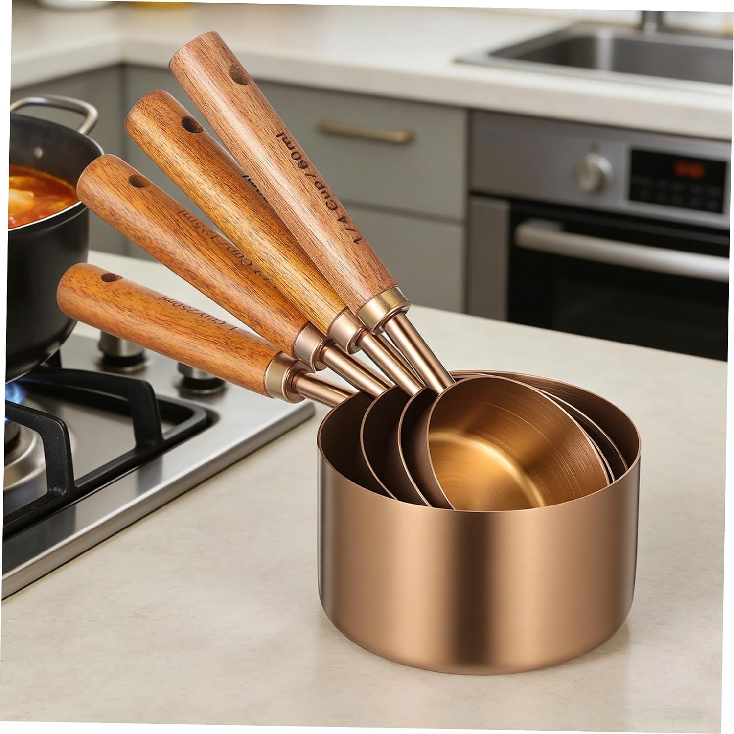 Cabilock 8pcs Stainless Steel Measuring Cups Spoons Set with Wood Handle Coffee Scoop Spice Food Liquid Measurement for Baking Cooking