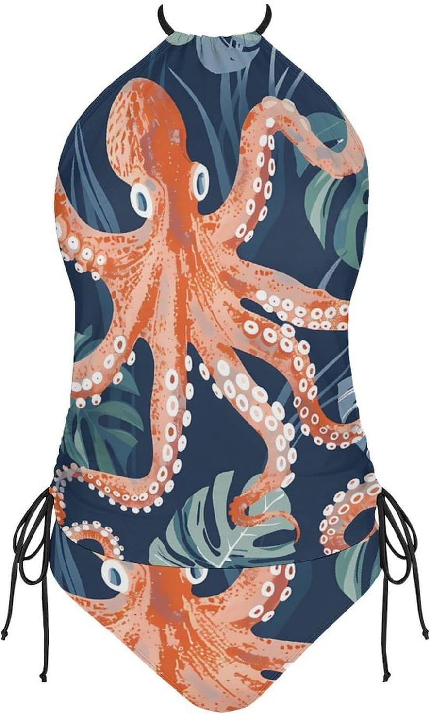 Sea Octopus Hawaiian Pattern Women's Tankini Swimsuit Two Piece Tummy Control Bathing Suits Tie String Swimwear