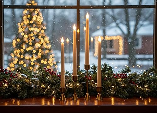 Miniatura 8 de Rhytsing Velas cónicas sin llama de 27.4 cm color marfil con temporizador, velas largas de cena con batería y control remoto, acabado en cera lisa,