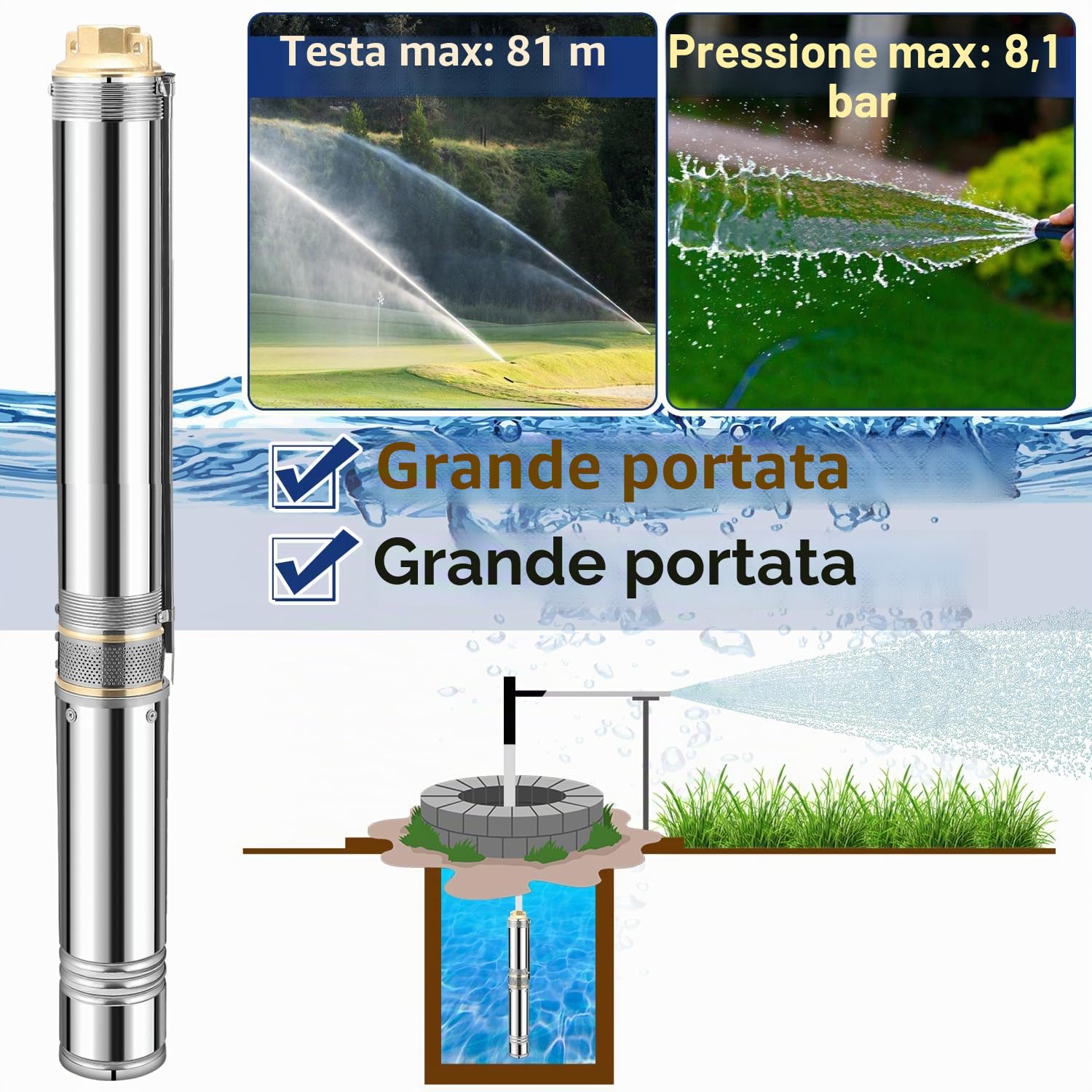 Pompa per fontana profonda, 1100 W, 4000 l/h, sommersa max. 81 m, in acciaio inox, pressione 8,1 bar