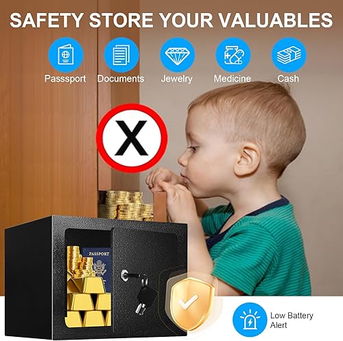 Miniatura 5 de Caja fuerte pequeña de 0.23 Cub para el hogar, caja de seguridad de acero con llaves de repuesto y diseño de anclaje, caja de seguridad oculta para