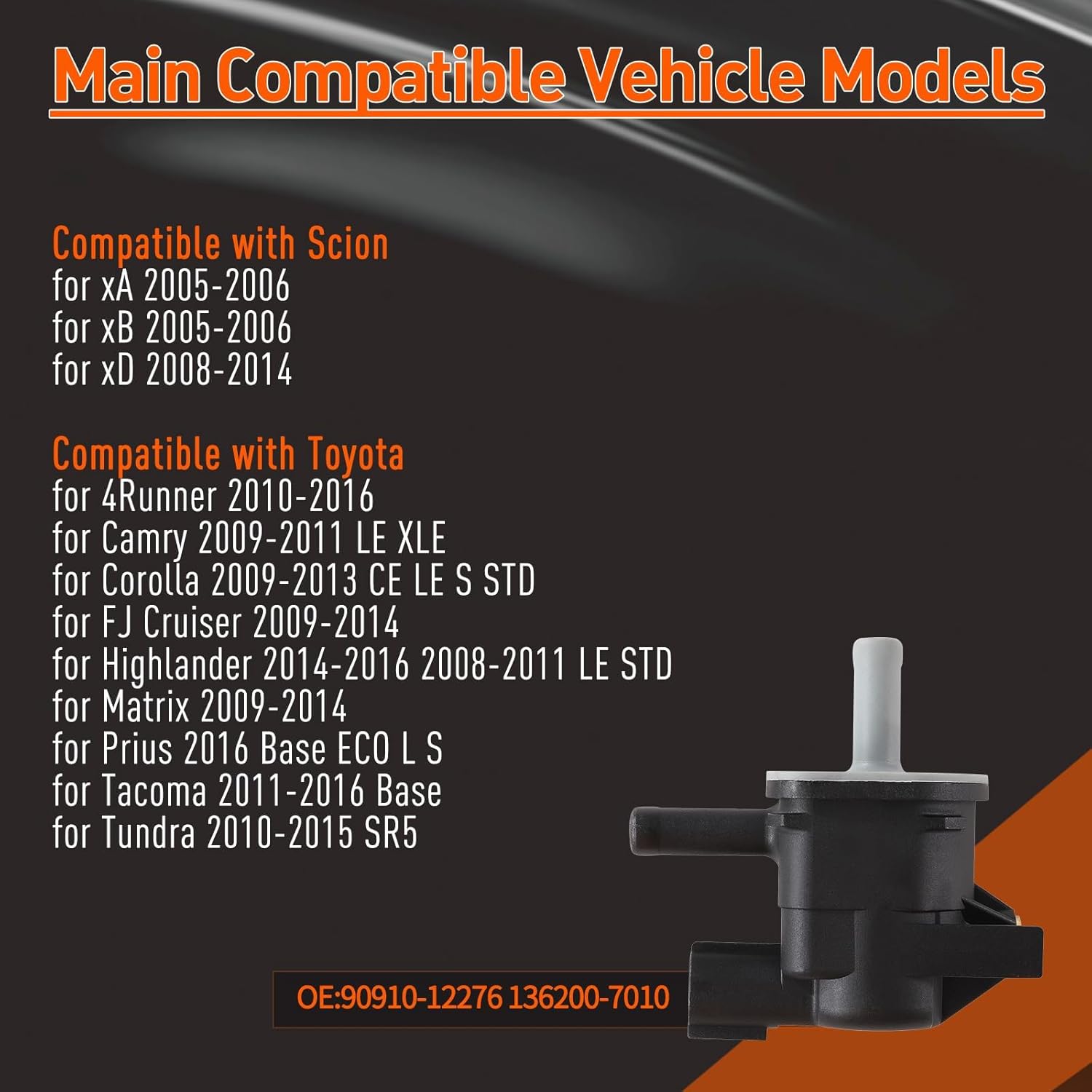 90910-12276 Vapor Canister Purge Valve Vacuum Solenoid Valve Switch Compatible with xA xB xD 4Runner for Camry for Corolla FJ for Cruiser for Highlander for Tacoma for Tundra 136200-7010