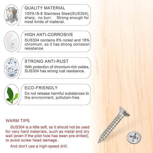 Miniatura 2 de Tornillos para madera, 200 tornillos Phillips de cabeza plana, tornillo de acero inoxidable 304 con kit de avellanado de madera ajustable (#4 x 58