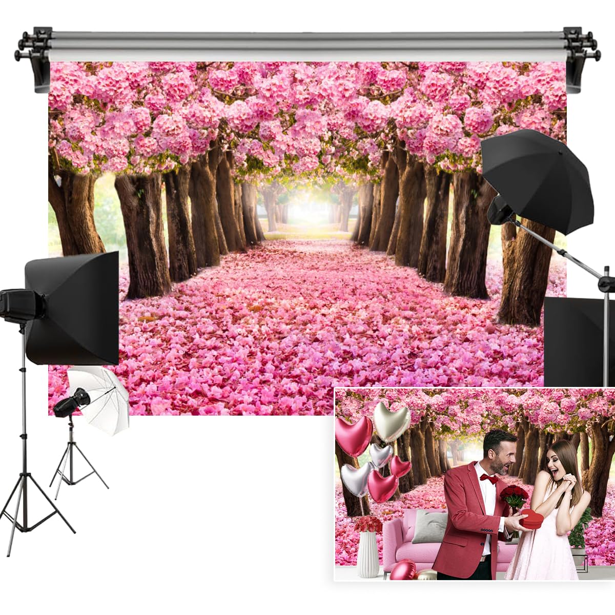 Vie Savaran 7x5ft Cherry Blossom Backdrop Romantic Pink Flower Tree Forest Falling Petal Tunnel Road Pathway Nature Natural Photography Background