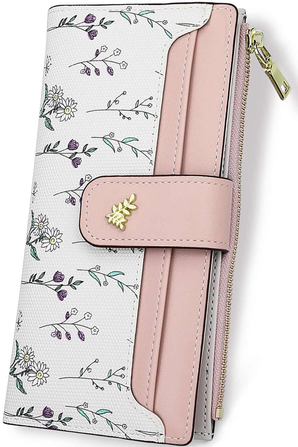Farcauo Geldbörse Damen RFID Portemonnaie Frauen Geldbeutel Mittel Groß Damen Geldbörse mit Rosa Blumen Design für Frauen Portmonee mit Ausweisfach und Kartenhüllen