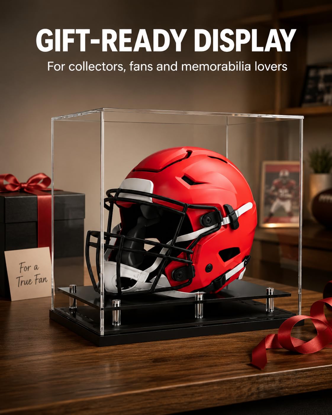 Fußballhelm-Vitrine in voller Größe, selbstmontierbare Acryl-Helmvitrine mit schwarzem Schutz-Halter, UV-Schutz, transparent, Sport-Memorabilien, Vitrine für Basketball-Sneaker
