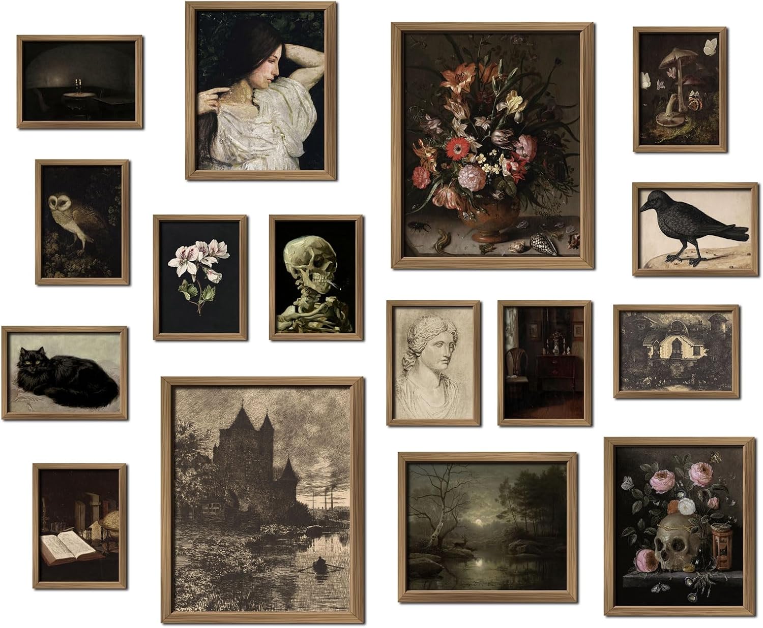 ANERZA 16 piezas de decoración de arte de pared estilo Dark Academia enmarcadas, estilo gótico y melancólico, para recámara, galería o sala de estar, juego de collage de pared para Halloween