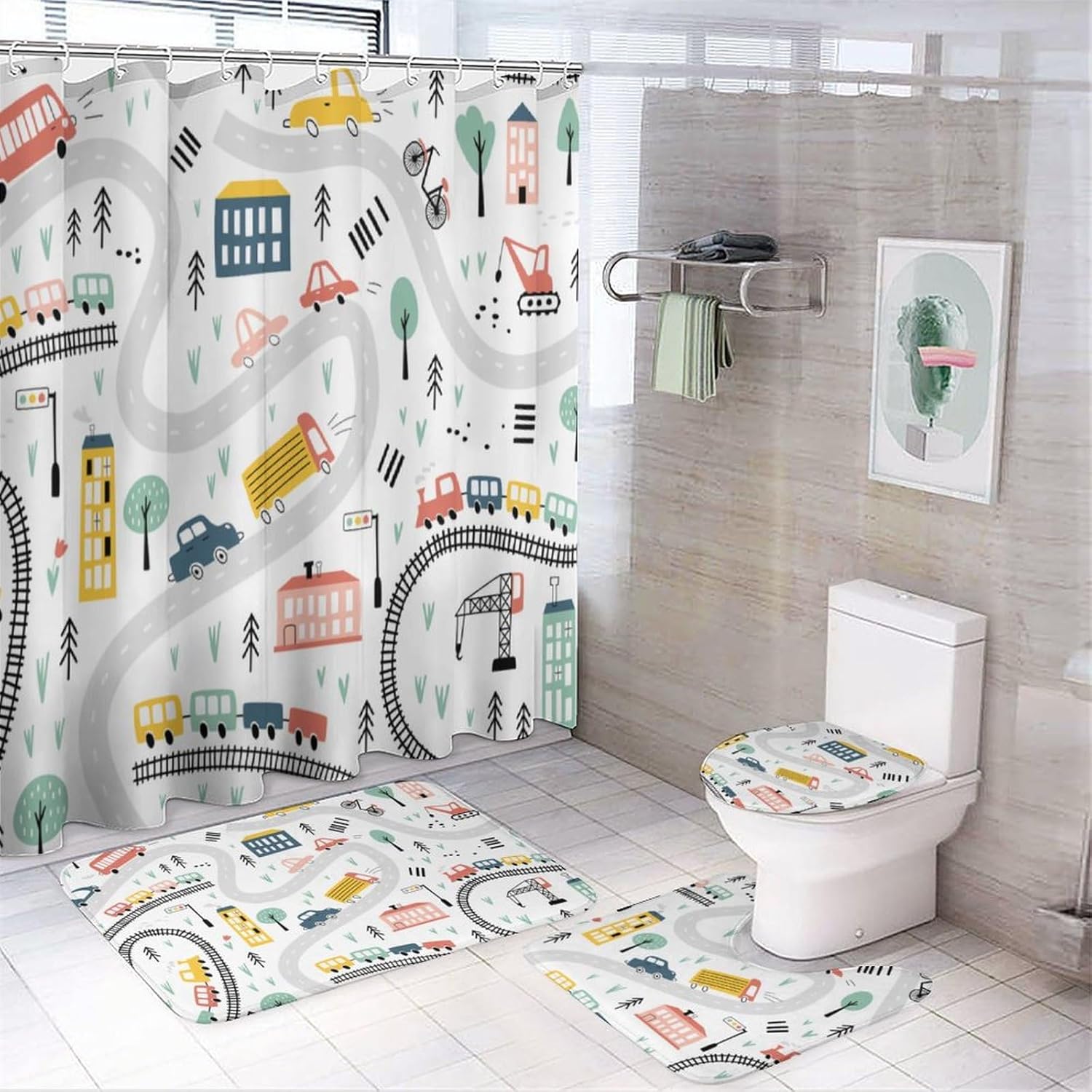 Cute Kids Car Theme 4 Piece Shower Curtain Sets,Cartoon Hand Painting Road Truck Car Trains Non-Slip Rugs,Toilet Lid Cover and Bath Mat,Durable Waterproof,for Bathroom Decor Set