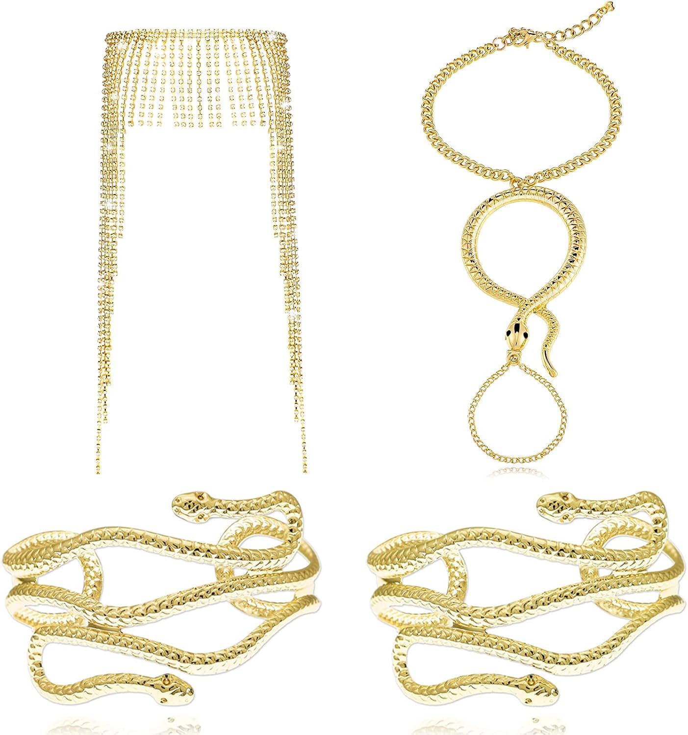 Sureio 4 Pieces Halloween Cleopatra Costume Women Egyptian Headpiece Accessories Egyptian Tassel Rhinestone Headpiece Snake Arm Cuff Gold Finger Ring and Hand Chain Bracelet
