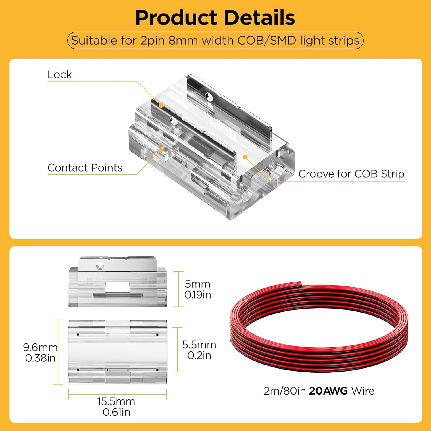 20 Pack 8-in-1 LED Strip Connectors with 6.6FT (2m) 20AWG Wires, for 8mm 2-Pin COB/SMD 2835/3528 LED Strips – Straight, Corner, Strip-to-Strip & Strip-to-Wire - Image 3