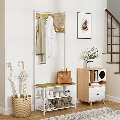 Miniatura 17 de Hall Tree con banco y almacenamiento de zapatos, perchero 3 en 1, perchero de madera independiente con marco de metal, estante de almacenamiento de
