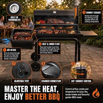 Charcoal BBQ Grill Offset Smoker: Large Coal Barbecue Barrel Drum Grills With Built-In Thermometer, Warming Rack, Air Vents for Outdoor and Garden