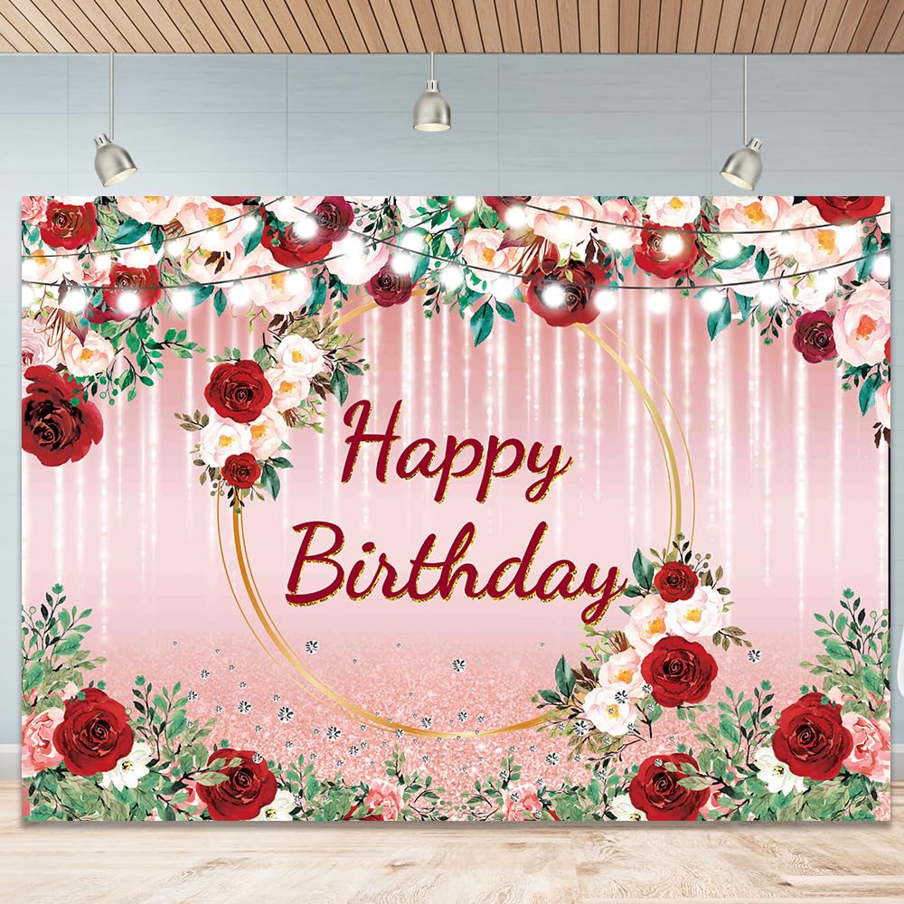 Retyshia Pink Happy Birthday Banner Backdrop for Women Girls 7x5ft Floral Happy Birthday Banner Pink 30th 40th 50th Milestone Party Decorations